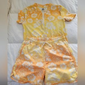Pac Sun Girls XL 12 Swim Shirt and Swim Shorts Set Hawaiian Hibiscus Flowers